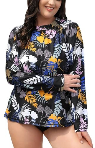 Halcurt Schwimmshirt Damen Übergröße Langarm Rash Guard UPF 50+ UV Shirt Bademode Schnell Trocknender Badeshirt 1X