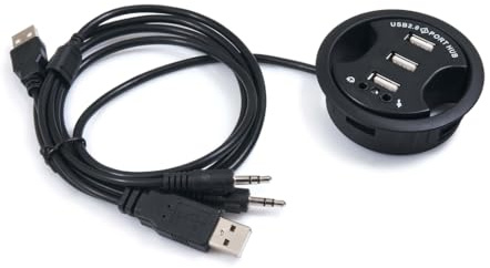 Schreibtisch USB Hub 3X USB 2.0 mit Audio Jack Ports und Mikrofon - Schließen Sie mehrere Geräte an einen USB Port an - Organisieren Sie Ihren Büroraum - Schwarz