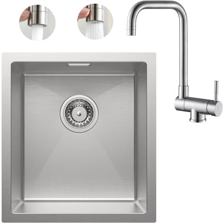 CECIPA Spülbecken 40 x 44 cm + Vorfenster Küchenarmatur Klappbar, Einbauspüle Edelstahl SUS 304, Küchenspüle Spüle Küche Modern, Waschbecken Küche mit Über- und Ablaufgarnitur