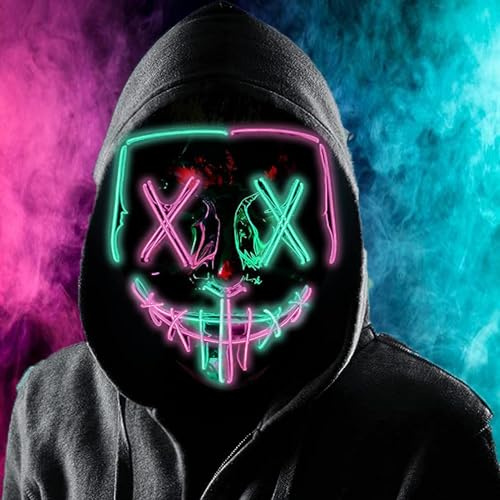 Boolavard LED- Purge-Maske – Gruselige, leuchtende Halloween-Maske – Neon-EL-Draht-Cosplay-Maske mit 3 Blinkmodi für Jugendliche & Erwachsene – ideal für Festivals, Maskeraden, Karneval & Partys
