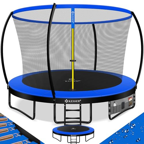 KESSER® Trampolin Ø 366 cm | TÜV Rheinland GS Zertifiziert | Gartentrampolin für Kinder bis 150 kg | Komplettset mit Sicherheitsnetz, Leiter, Randabdeckung, Seitentasche und Zubehör