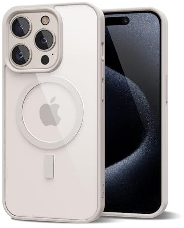 oakxco für iPhone 15 Pro Hülle Magsafe Durchsichtig, Klar Magnetisch Induktives Laden Handyhülle Bunt Dünn Silikon & Transparent Hart Plastik, Cute Einfarbig Handy Hülle für Mädchen, Beige Titan