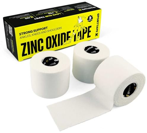 SPORTTAPE Zinkoxid-Sporttape - 3 Rollen 5,0 cm x 10 m - Tapeverband weiß, reißbares unelastisches Sport Tape für Gelenke, Vermeidung von Blasenbildung, hautfreundlich, Kampfsport Boxen Rudern Rugby
