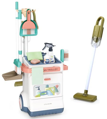 NaXew Kids Cleaning Trolley Set Includes Real Working Vacuum Cleaner, Dustpan, Brush, Broom, Spray Bottle and more