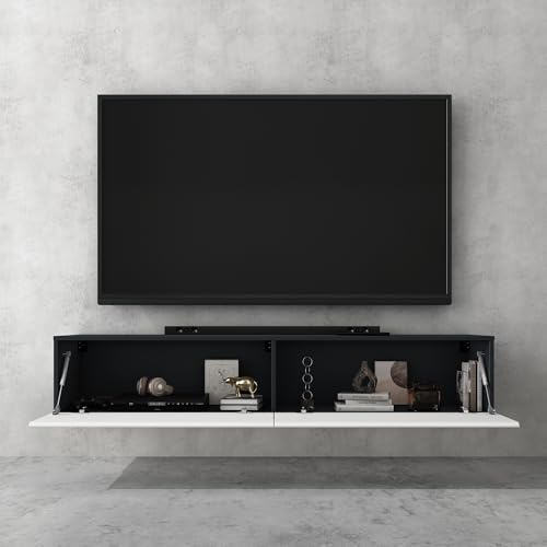 doporro TV Lowboard Schrank mit Gasdruckfedern Fernsehschrank hängend | TV Board mit Klapptür, viel Stauraum, Wand Fernsehtisch in Matt Anthrazit und Matt Weiß, Breite: 100 cm, Fernsehschrank02