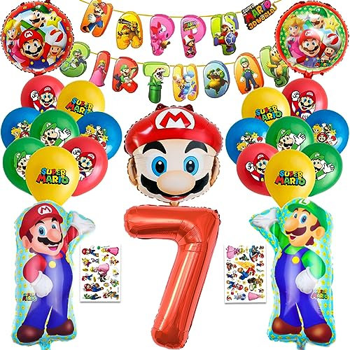 7 ans Ensemble de décorations d'anniversaire pour enfants, 25 objets décoratifs sur le thème du jeu vidéo, Comprenant bannière, Autocollants tatouage, Ballon numéroté, Ballon de personnage