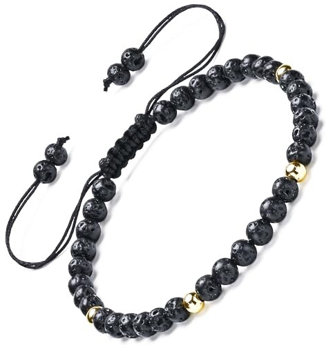Apocalyptic-K Schwarzer Vulkanstein-Armband&18K Gold |4-6MM | 6.7-9.3 IN | ,Damen Armband &18K Gold, | Einstellbar (Schwarzer Vulkanstein,4MM)