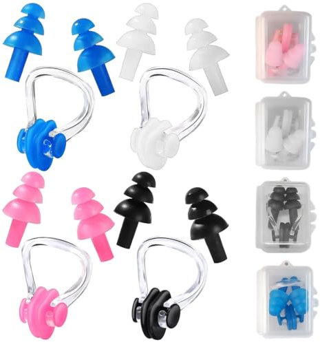 EIYVPRA Pince Nez Natation, 4 Pcs Pince Nez Natation, Nez Imperméable Réutilisable avec Boîte de Rangement pour Natation Adultes Enfants Unisexe, Livré avec des bouchons d'oreilles