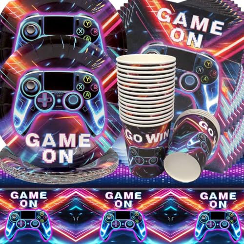Vajilla de Cumpleaños de Videojuegos,Doyomtoy 61 piezas Decoración de Mesa de Cumpleaños Game Platos Cumpleaños Platos Servilletas Vasos para Fiesta de cumpleaños para niños