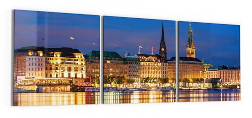 DEQORI Glasbilder Echtglas | Motiv Hamburg bei Nacht | horizontal 3-teilig 3x50x50 cm | große XXL Deko | Wandbilder für Wohnzimmer, Schlafzimmer, Flur & Küche | moderne Wanddeko