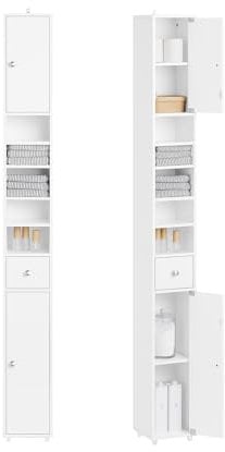 SoBuy Mueble Baño Estrecho Auxiliar Columna Armario Escobero Alta Capacidad con 6 Estantes Ajustables con Pintura Alto Brillo para Baños Pequeños, Lavaderos, Cocina 20x20x180 cm BZR167-GW
