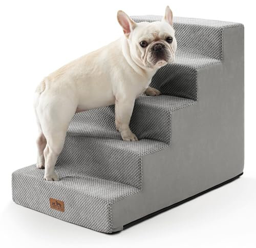 COZY KISS Hundetreppe für Kleine Hunde, 5 Stufen Breiter Haustiertreppe für Bett Couch Auto, 60cm Hoch Hochdichtem Schaumstoff Katzentreppe mit Abnehmbarem Bezug (Grau, 75x50x60cm, 5)
