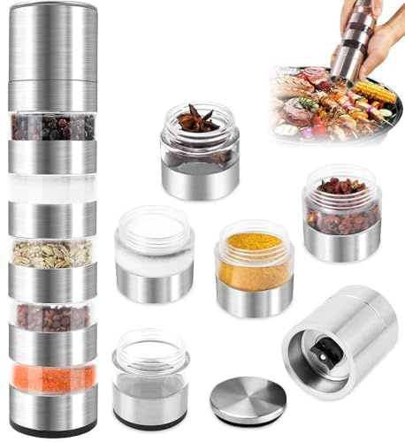 5 in 1 Gewürzstreuer, Mini Gewürzgläser Set, Tragbare Gewürzdosen, Camping Gewürzstreuer, Reise- und Picknick Gewürz-Set,Gewürzmühle Mini Salzstreuer für Küchen Camping Zubehör Reise Gadgets