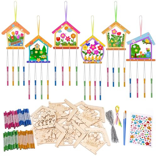 OOTSR 12 STK Windspiel Bastelset Kinder, Holz-Haus DIY Frühlingsblumen-Klangspiele Set für Geburtstag Party Dekoration, Holz Klangspiel BemalenHandwerk für Mädchen Jungen