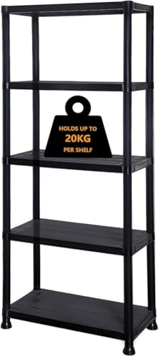 MantraRaj 5 Tier Heavy Duty Black Plastic Storage Shelving Unit Garage Storage Shelves Racking Shelving Unit Home, Office, Pantry, Warehouse, Garage, Shed, Stockroom, kitchen and Workshop