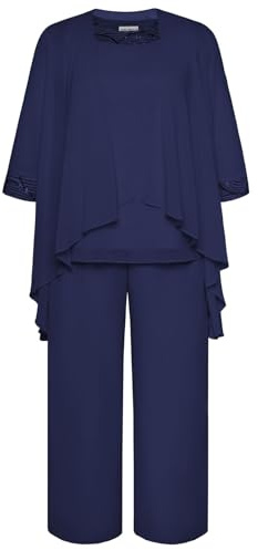 Hanna Nikole Damen Große Größen Chiffon Abendanzug Sets Cocktail Party Festlich Elegant 3-Teiliges Set Rundhals 3/4 Ärmel Und Hohe Taille Hosenanzug