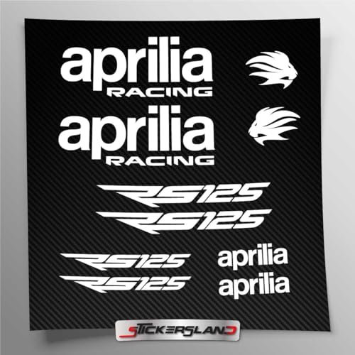 Aufkleber-Set kompatibel mit RS 125 New Tank und Motorradhelm Racing Factory, vorgeschnittenes Vinyl, einfache Anbringung, Schriftzug Logos, Stickersland® - Aprili (weiß glänzend)