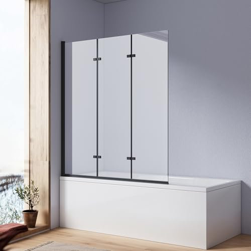 Heilmetz Badewannen Duschwand 120x140 cm Duschwand für Badewanne Duschabtrennung Badewannenaufsatz Faltwand 180° Duschtrennwand 6mm Nano ESG Sicherheitsglas (3-teilig Faltbar | Schwarz)