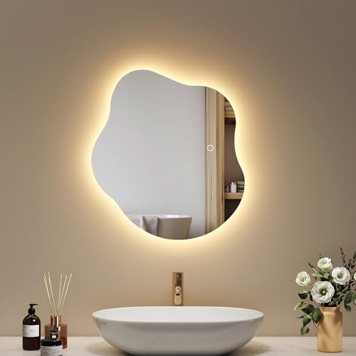 EMKE Miroir Salle de Bain avec éclairage 50 x 45 cm, Anti-buée, Miroir LED asymétrique avec Touche, 3 Couleurs de lumière réglables, économiseur d’énergie LED,Fonction Mémoire