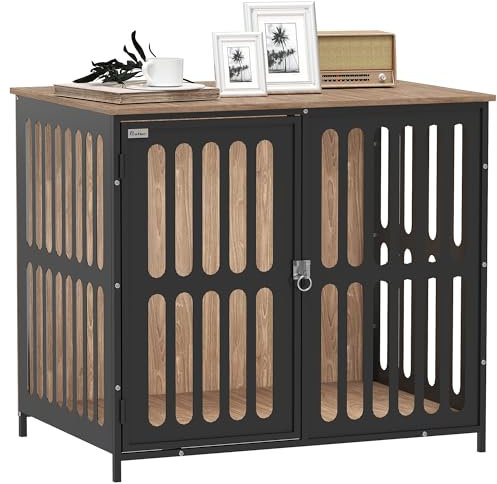 PawHut Dog Crate Furniture, Dog Cage Side End Table Indoor with Anti-Chew Resistant Mesh, Anti-Escape Door, for Medium Dogs, 80 x 55 x 72 cm, Walnut Brown