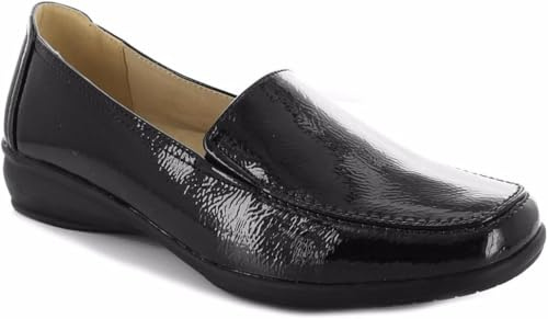 Dr Keller Women's Wide Fit Slip-On Loafers – Comfortable Work Shoes for Ladies – Leather Lined Cushioned Insole – Lightweight Casual & Office Wedge Shoes –Patent & Matt – Sizes 3-8