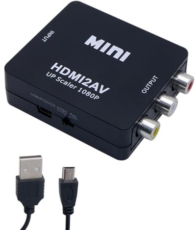 Adaptateur HDMI vers RCA, Convertisseur HDMI en 3RCA 1080P Supporte PAL/NTSC Vidéo Audio Composite CVBS Convertisseur pour TV PC PS3 PS4 PS5 DVD XBOX SKY HD VHS Fire Stick Roku avec USB Câble Noir