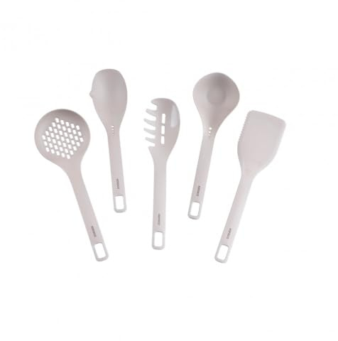Karaca Chef's Art 5-teiliges Küchenutensilien-Set, Kochutensilien-Set, inklusive Spatel, Servierlöffel, Spaghettiheber, Sieb, Schöpflöffel, beige Küchenhelfer & Gadgets