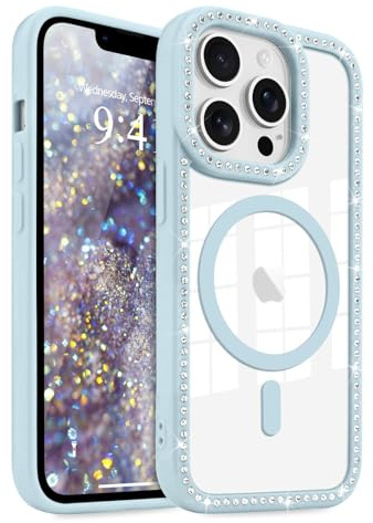 LCHULLE Magnétique pour iPhone 13 Pro Coque Paillettes Transparente,Bleu | Compatible avec MagSafe,Transparente Housse Brillante Décor Strass pour Femme et Fille,Glitter Silicone Antichoc Coque