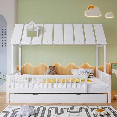 Hausbett mit Rollbett, Dach mit Kaminleiste, Kinderbett, Jugendbett, mit 3-seitigem Gitter, Kiefer+MDF, Weiß, 120x200/190cm