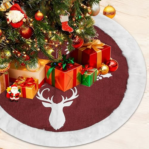 Weihnachtsbaum Decke, Dwafill 90CM Diameter Weihnachtsbaumdecke Rund, Weihnachtsbaum Deko, Tannenbaum Teppich, Innendekoration, Weihnachtsbaumrock (Rotes Geweih)