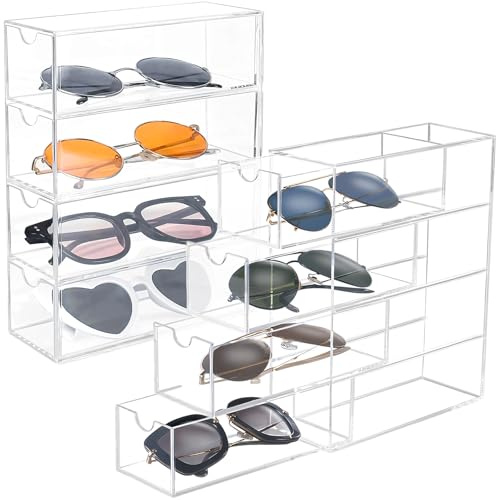 2 Pack Acrylic Sunglasses Storage Organiser with 4 Drawers, Transparent Stackable Dustproof Clear Desktop Display Case for Storage Eyeglasses, Hair Accessories, Watches, Cosmetics & Jewellery