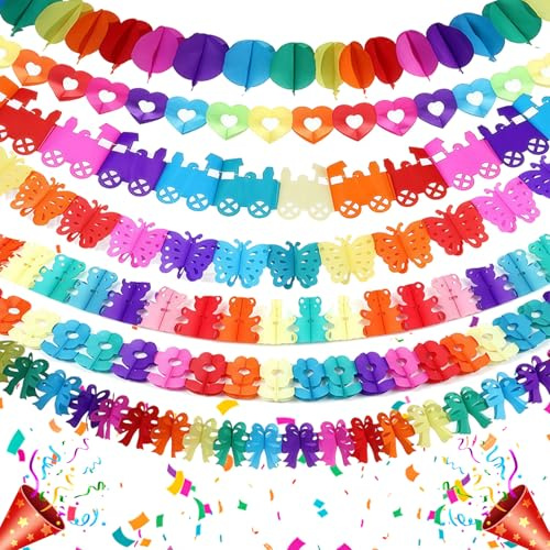 KLINNA 7 Stück Bunt Girlande Papier Deko, 3m Regenbogen Papiergirlande, Hängenden Partygirlanden für Karneval Fasching, Party Geburtstag Hochzeit & Jugendweihe, Wiederverwendbare Geburtstagsgirlande