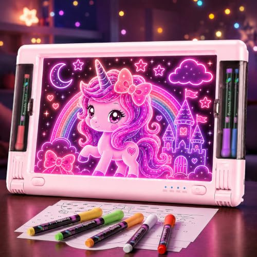 LED Note Board with Colors, Rechargeable 9 Modes Light Up Acrylic Dry Erase Board, 15 Inch Neon Art Tracing Board Creative Gift Toy for Kids & Teens with 6 Colored Markers, 10 Tracing Sheets-Pink