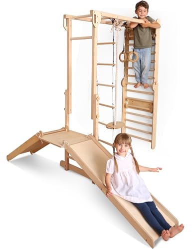 Goodevas 9-in-1 Wooden Indoor Jungle Gym for Kids, Montessori-Inspired Climbing Set with Swedish Wall, Monkey Bars, Chin-Up Bar, Rings, Swing, Rope Ladder, Climbing Board, Slide & Platform