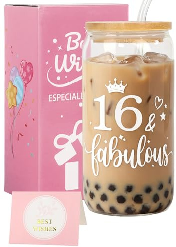 Nwvuop 16th Birthday Gifts for Girls 16oz 16th Birthday Glass Cup with Lid & Straw, Iced Coffee & Smoothie Travel Mug for Daughter, Granddaughter, Sister, Best Friend