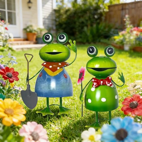 Ferakum Gartendeko Frosch Figuren Gartenstecker aus Metall Yard Kunst Garten Dekor für Draußen,Frühjahrs Frösche Figuren Deko Frosch Outdoor Skulpturen & Statuen (2 Stück)