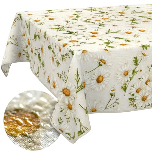 ANRO Tischdecke abwaschbar Margeriten Weiß mit Saum 240x140 cm Tischwäsche | mit Saum eingefasst – schmutz- & wasserabweisend, pflegeleicht – waschbar bei 30 °C – ideal für Garten, Terrasse & Esszimmer