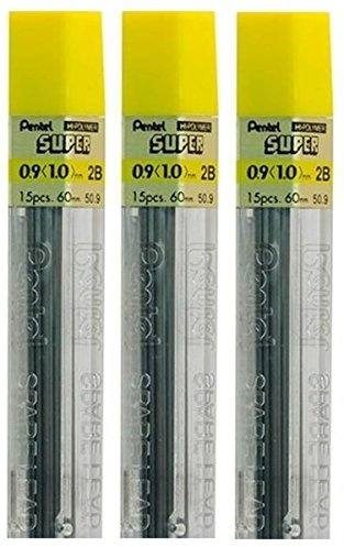 Pentel Ersatzminen für Bleistifte, 0,9 mm, Größe 2B, Farbhärte, Hi Pollymer, Super für automatische und mechanische Bleistifte (Packung mit 3 Röhren, 45 Stück)