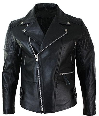 Men's Cross Zip Cow Hide Padded Biker Jacket White Black Brando