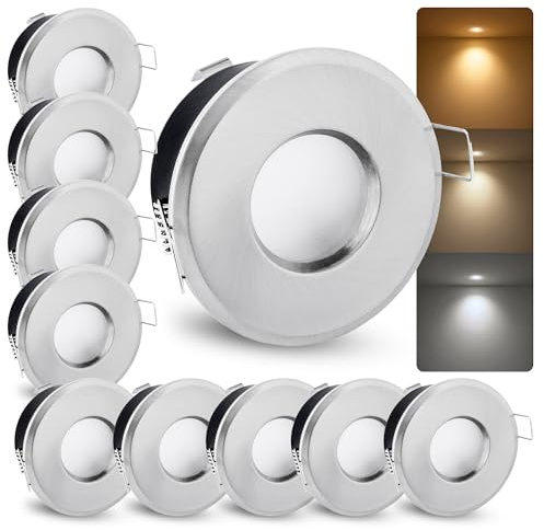linovum 10 Stück LED Badeinbaustrahler Set IP65 gebürstet rund 230V - LED GU10 6W LumiFLEX Lichtfarbe warm/neutral/kalt - Deckenstrahler für Bad & Außen