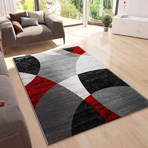 VIMODA Teppich Geometrische Kreismuster Meliert in Grau Weiß Schwarz und Rot, Maße:80x150 cm