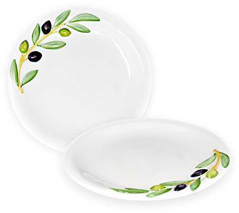 Lashuma 2er Set Runde Keramikteller, Doppelpack Handgearbeitete Abendbrotteller mit Oliven 3D Relief, Frühstücksteller 20 cm