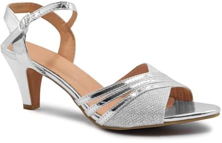 Fashion Thirsty Womens Ladies Low Heel Bridal Wedding Shoes Prom Evening Party Occasion Heeled Open Toe Strappy Bridesmaid Dress Sandals Size Silver Metallic