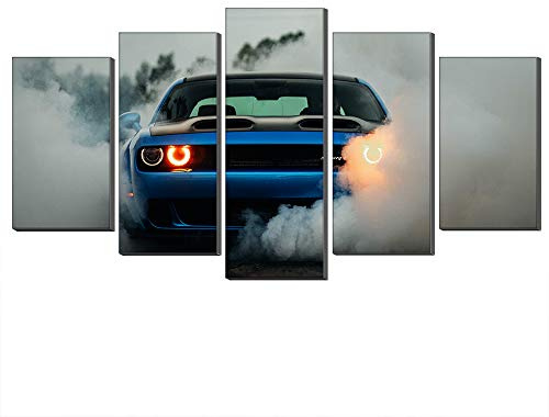 Annick Goutal Blau Dodge Challenger SRT Hellcat Widebody Leinwand ölgemälde Wandkunst 5 Panels Sportwagen Bild Leinwand Kunstwerk Für Wohnkultur (Mit Rahmen,75 x 150 cm)