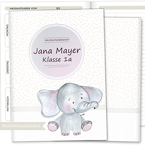 Olgs Hausaufgabenheft Hülle Safari Tour inkl. Heft Schulheft Schutzhülle Umschlag Geschenkidee Einschulung personalisierbar mit Namen und die Schulklasse (personalisiert, Elefant)