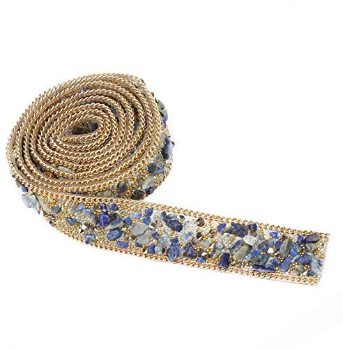 Crystal Beaded Ribbon Rhinestone Diamond Ribbon Roll Iron en parche para vestidos de baile Cinturón Apliques Ropa Bolsa Zapatos Boda Fiesta Decoración(Cuentas de arroz azul + oro + cadena de oro)