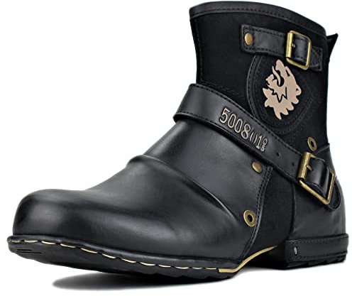 OSSTONE Chukka Stivali Cowboy Biker in Pelle Scivolare su Punta Quadrata Lunghezza di Vitello Tacco Western Uomo Stivali Invernali Piatto Caviglia Stivaletti Botas Boots 5008-1-IT Nero 13