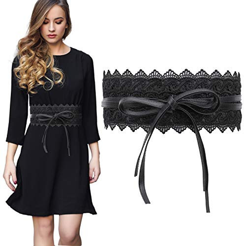 Trimming Shop Damen Taillengürtel Hohl Spitze Obi Gürtel Fliege Wrap Around PU Leder Cinch Bowknot Bund für Hochzeitskleider, tägliches Tragen, 100 mm breit, Breiter Schleifenbund, Schwarz