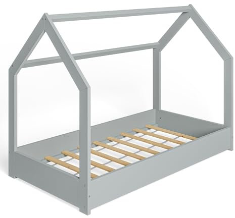 ms factory Hausbett Kinderbett 80x160 cm mit Lattenrost - Einzelbett aus Kiefernholz für Mädchen und Junge - Grau