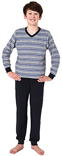 Warmer Jungen Frottee Pyjama lang, Schlafanzug mit Bündchen und Ringeln - 65689, Farbe:dunkelgrau, Größe:122-128